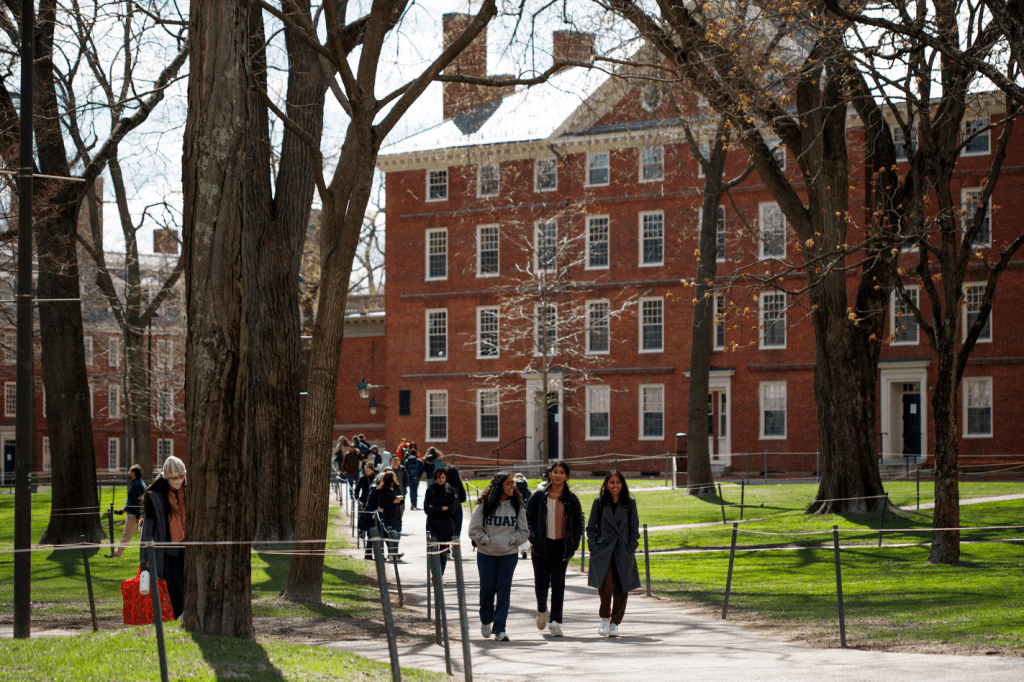 students walking in Harvard Yard.