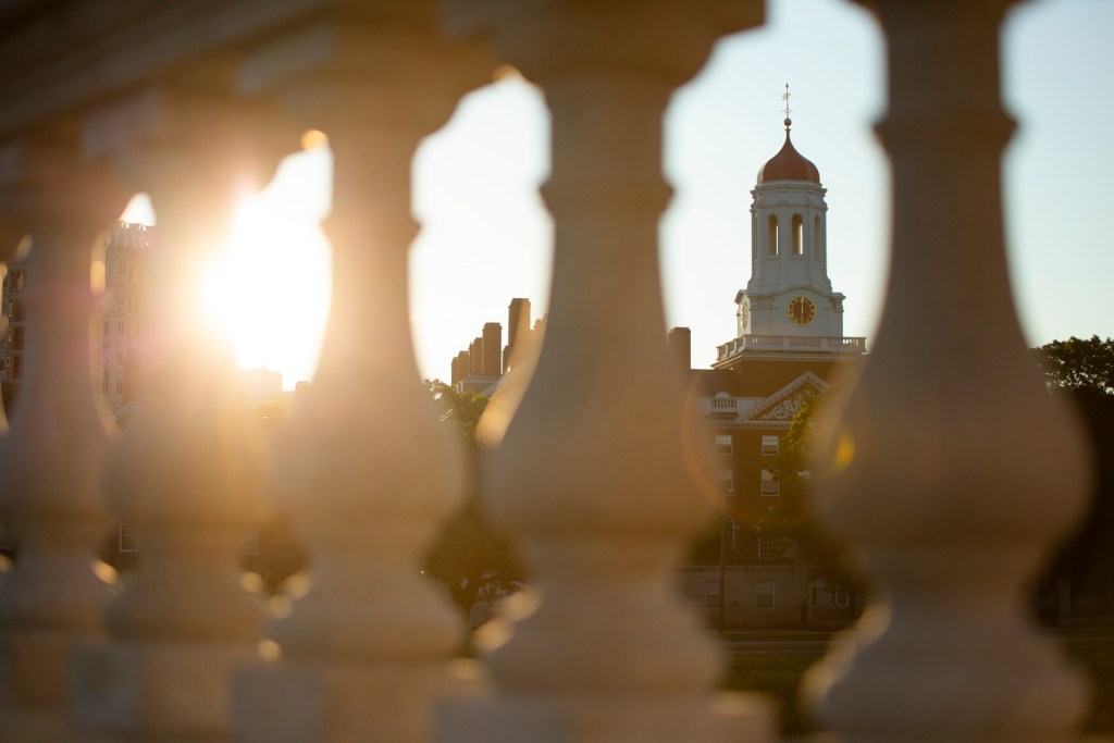 Light shining through a balcony on Harvard's campus