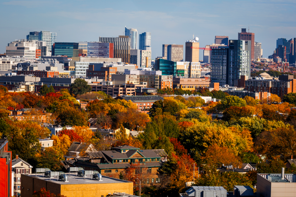 An overview of the Boston skyline during the fall.