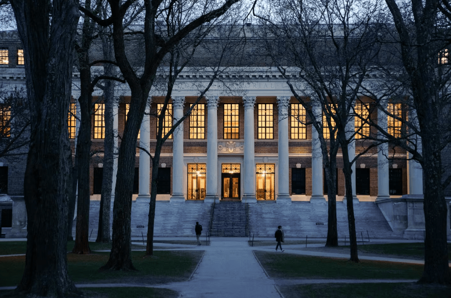 Widner Library at night.