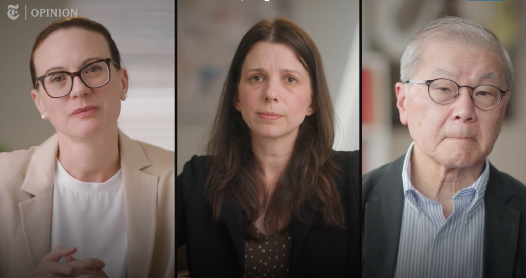portraits of three people - one man and two woman - looking stoic.