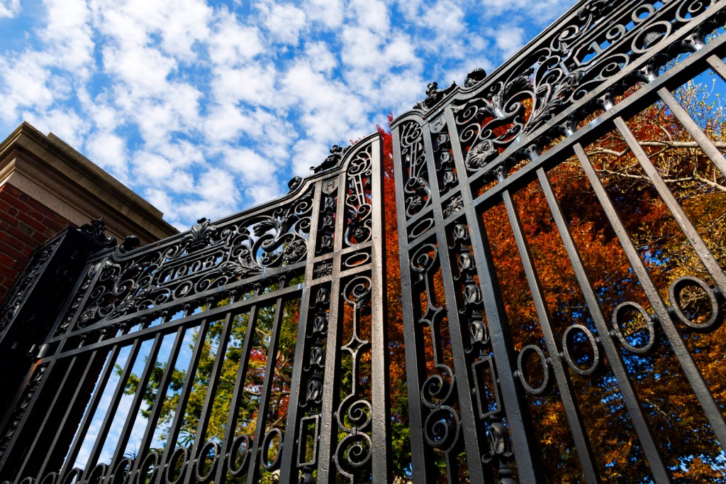 Harvard yard gates and foliage.