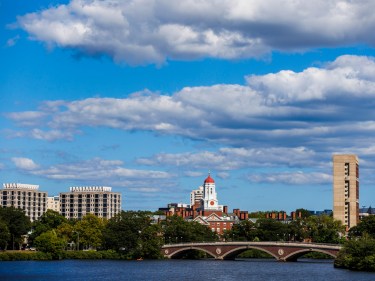 Harvard campus, blue skies and the Charles River.