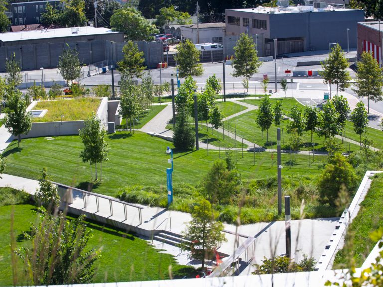 The grass and walkways in front of the Science and Engineering building