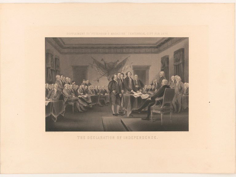 A drawing of the founding fathers signing the declaration of independence