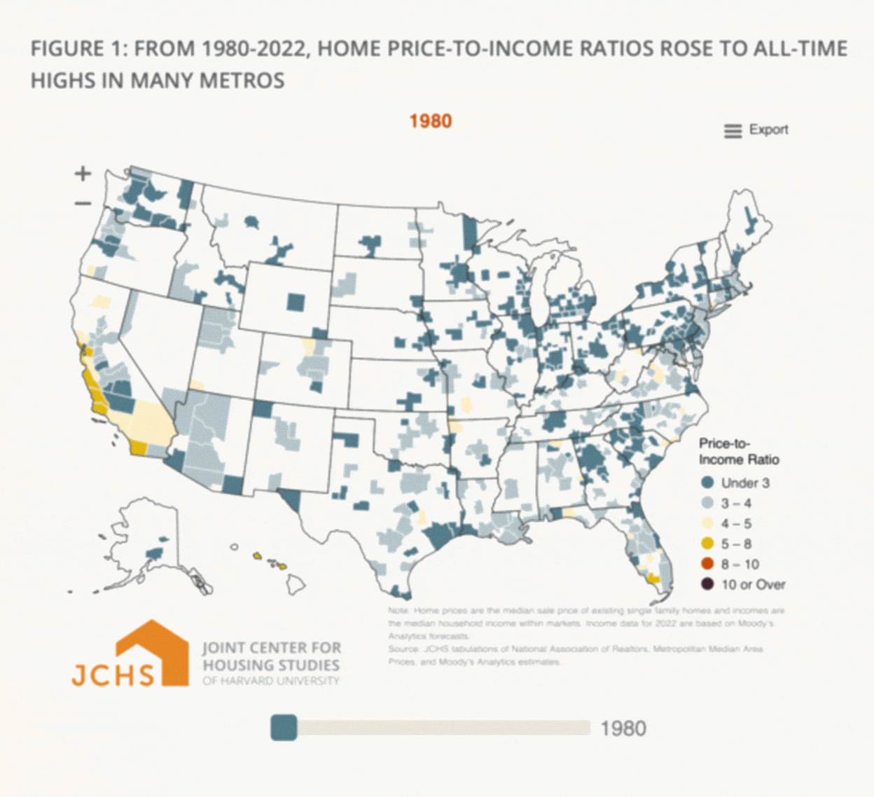 An animated map showing the increase of housing cost compared to income