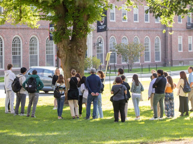 A group getting a tour of Harvard campus