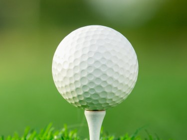 A golf ball sits atop a white golf tea in green grass