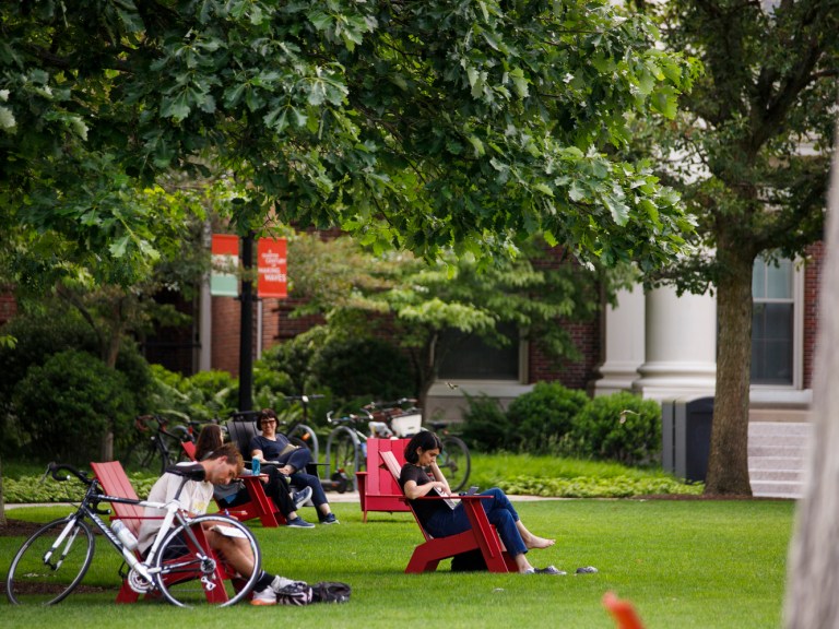 People reading and relaxing on Radcliffe campus