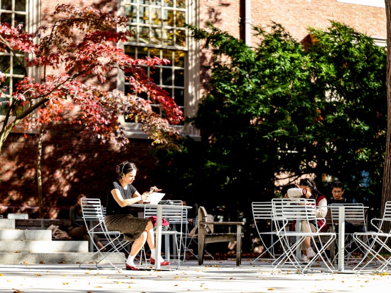 A person studying at a table outside