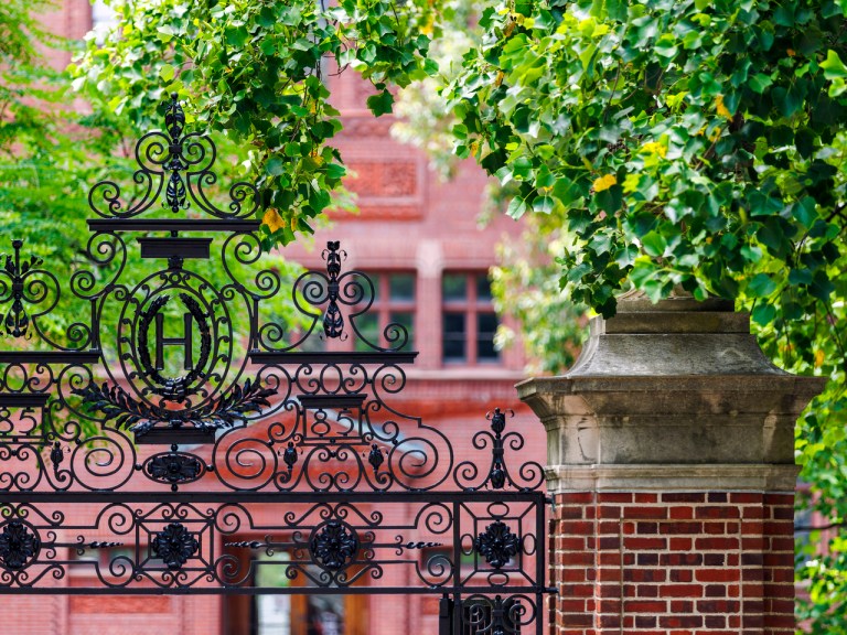 Harvard gate with green leaves.