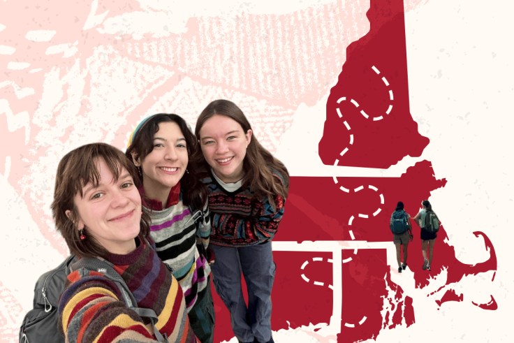 Three students in front of a map of New England